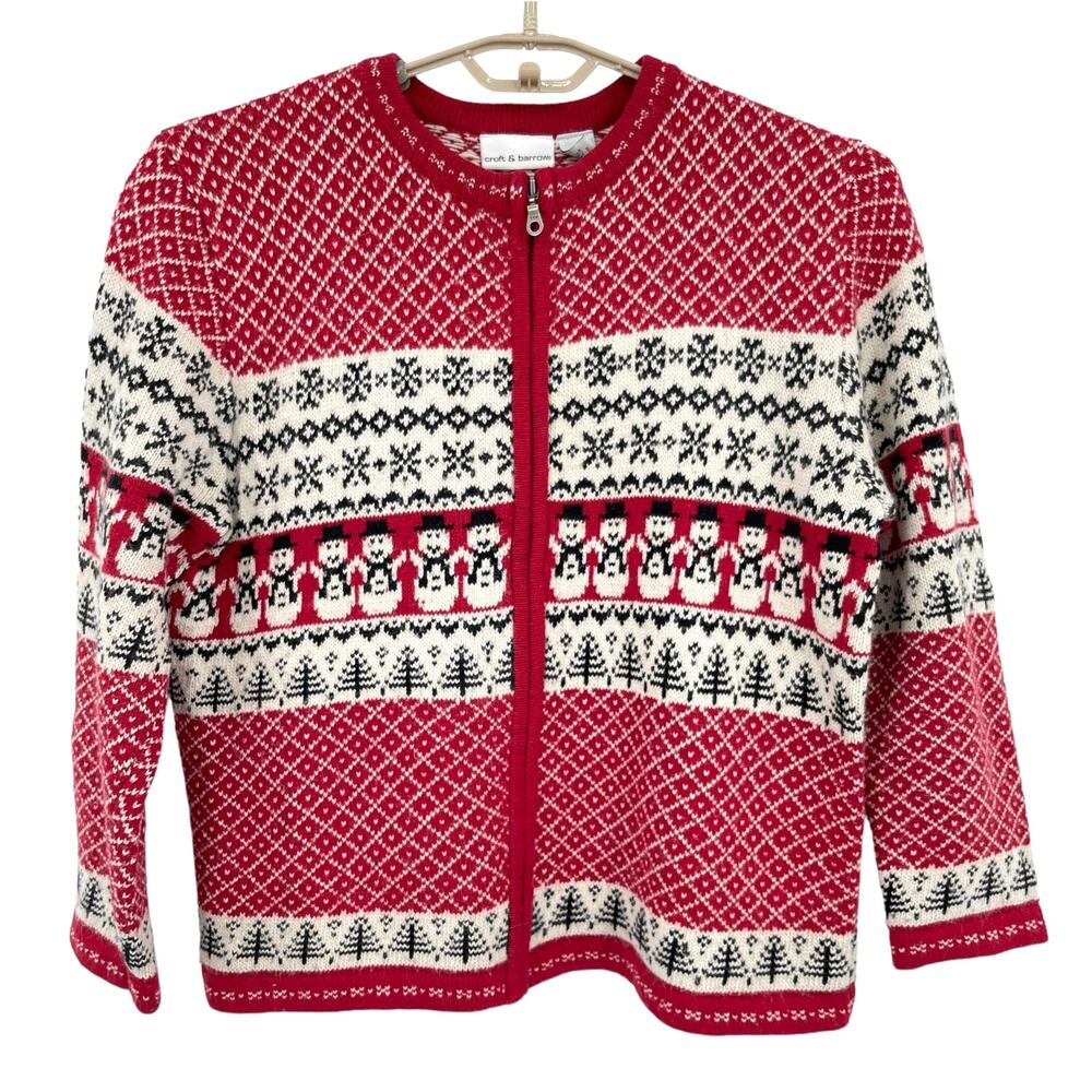 Croft & Barrow Vintage Fair Isle Snowman Cardigan Sweater Silk Angora Red  XL